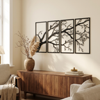 Modern Aluminum Wall Art, Branch and Flying Bird Design, Set of 4 for Living Room styled in a room