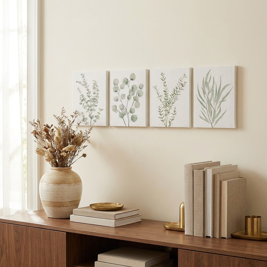 Botanical Plant Canvas Wall Art, Framed Boho Minimalist Prints, 8x10 in, Set of 4 for Bathroom styled in a room