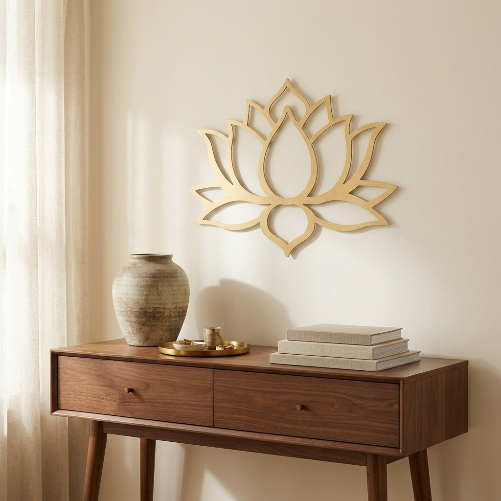 Large Modern Lotus Metal Wall Art, Handcrafted Floral Decor, for Living Room styled in a room