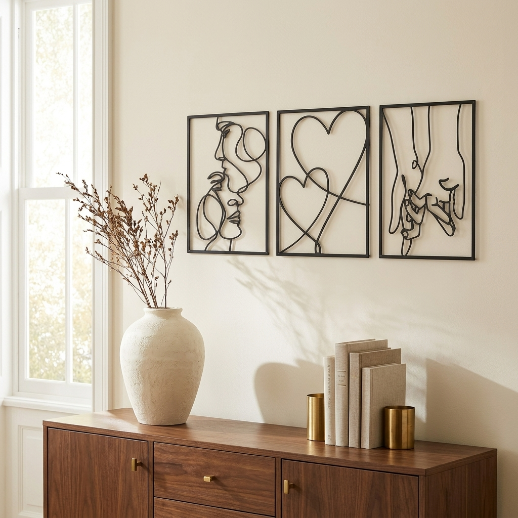 Minimalist Metal Wall Art Set, Romantic Couple Silhouette Design, Set of 3 for Living Room styled in a room