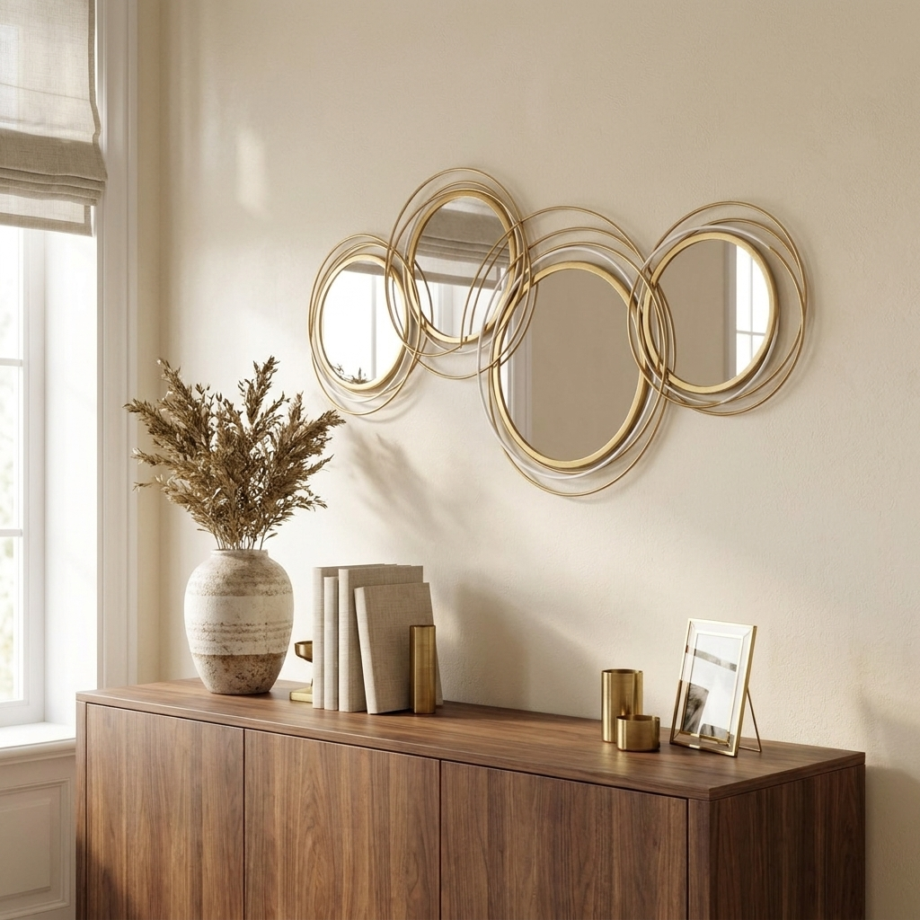 Round Metal Wall Mirror, Asymmetrical Gold Frame, 42 in for Living Room Entryway styled in a room