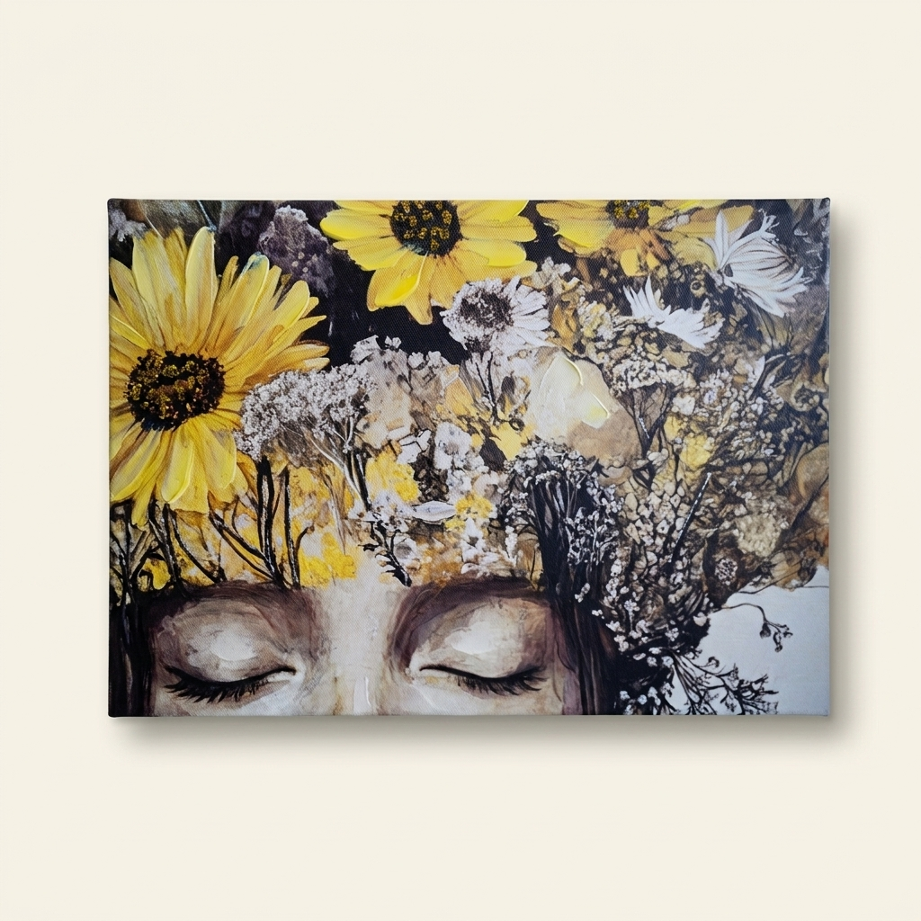 Beauty Lady Canvas Wall Art, Gold and White Floral Print, Ginger, for Living Room