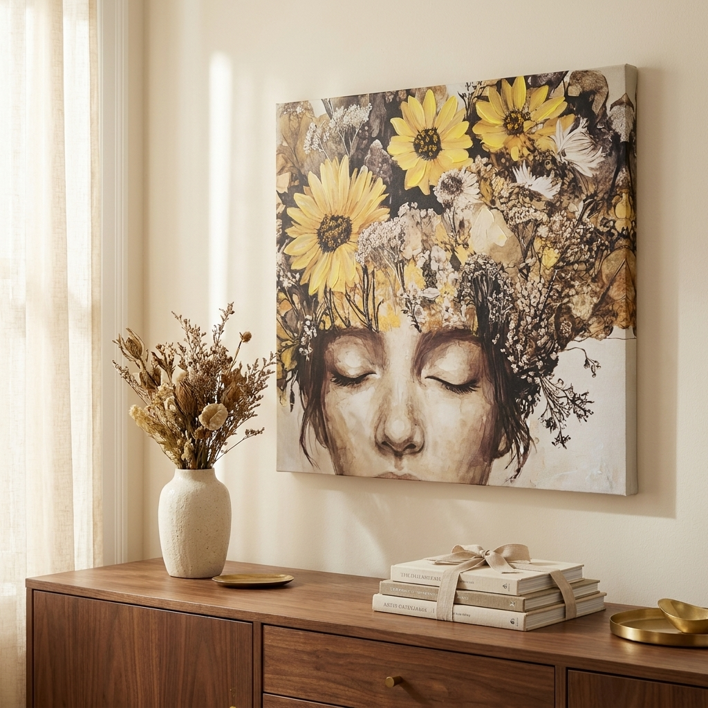Beauty Lady Canvas Wall Art, Gold and White Floral Print, Ginger, for Living Room styled in a room
