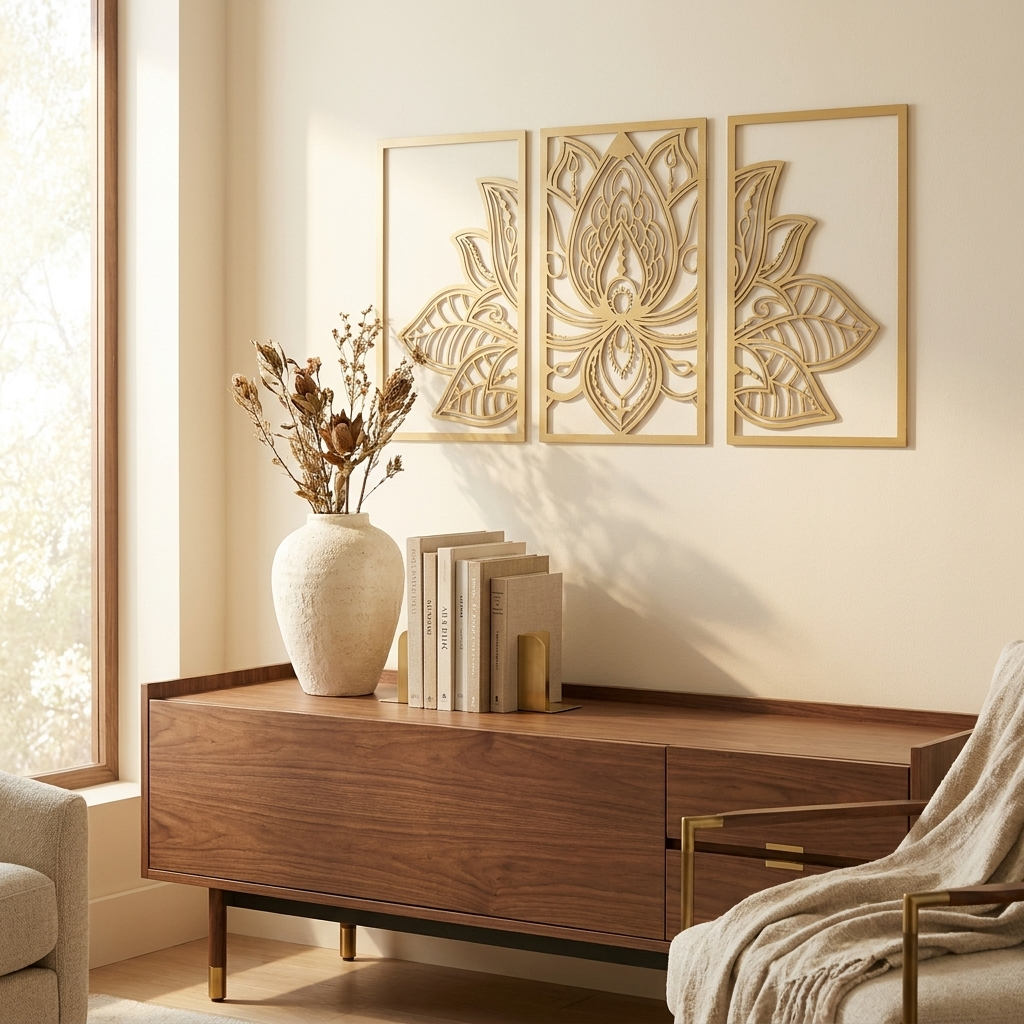 Crafted Metal Lotus Mandala Wall Art, Boho Zen Decor, Gold for Living Room styled in a room