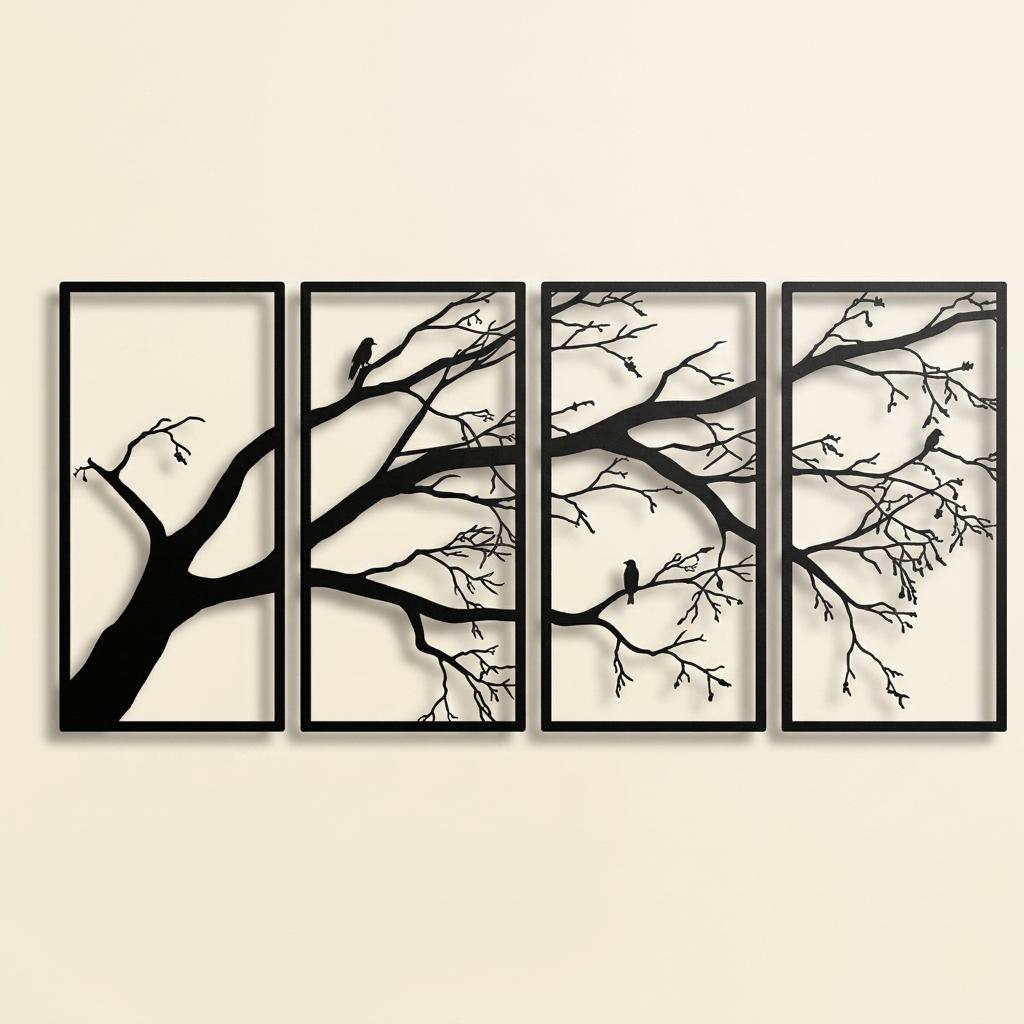 Iron Branch and Bird Wall Art, 4-Panel Silhouette Set, for Living Room
