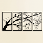 Iron Branch and Bird Wall Art, 4-Panel Silhouette Set, for Living Room