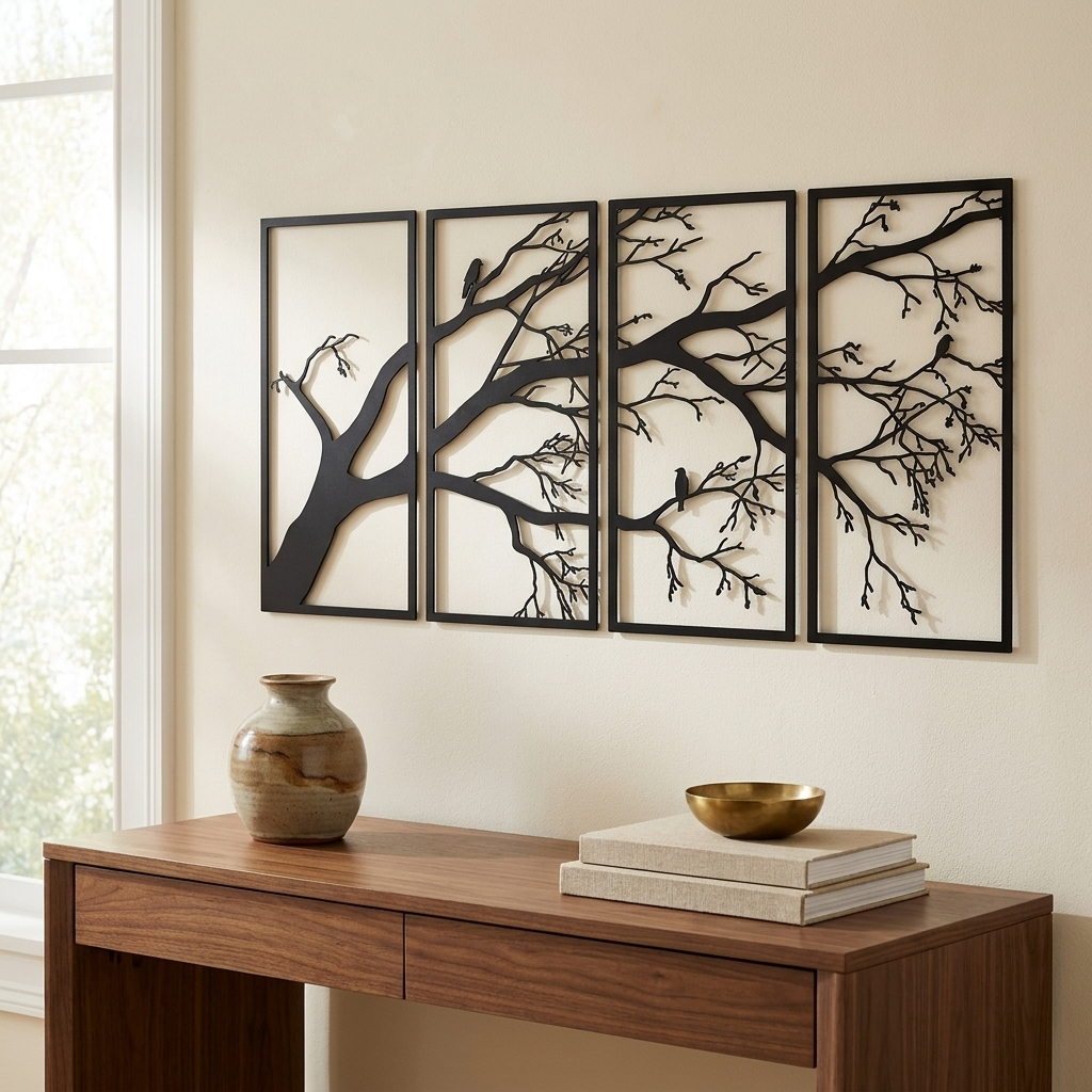 Iron Branch and Bird Wall Art, 4-Panel Silhouette Set, for Living Room styled in a room