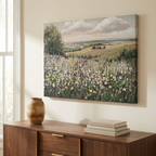 Vintage Framed Canvas Wall Art, Floral Meadow Landscape Print, Green and Ivory, for Living Room styled in a room