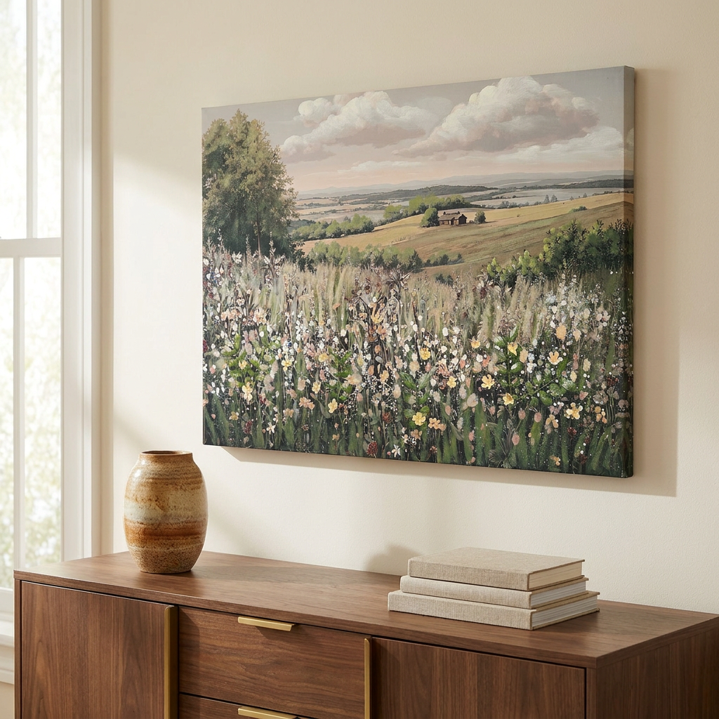 Vintage Framed Canvas Wall Art, Floral Meadow Landscape Print, Green and Ivory, for Living Room styled in a room
