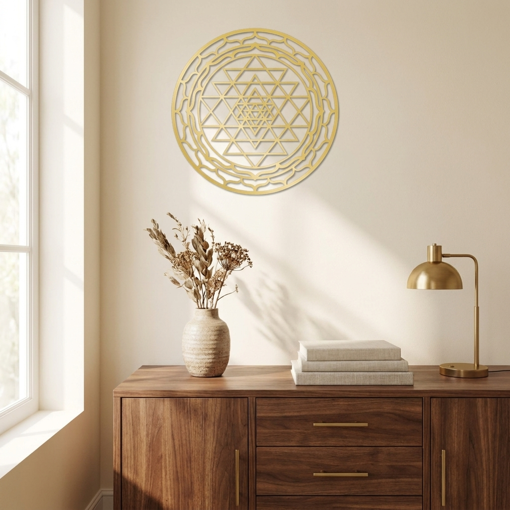 Sacred Geometry Metal Wall Art, Yantra Mandala Design, Wrought Iron, for Living Room styled in a room