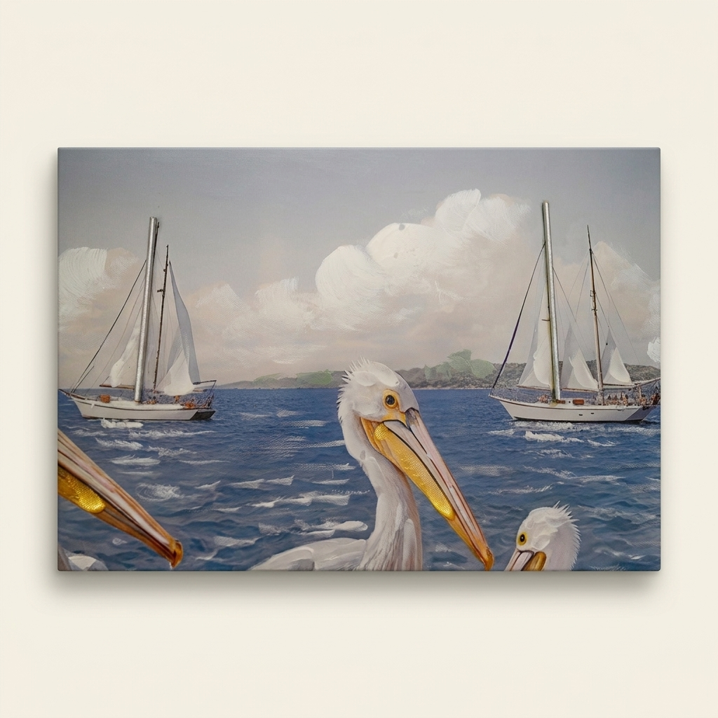 Coastal Beach Canvas Wall Art, Large Blue Ocean Seagull Print, Ivory and Navy, for Living Room