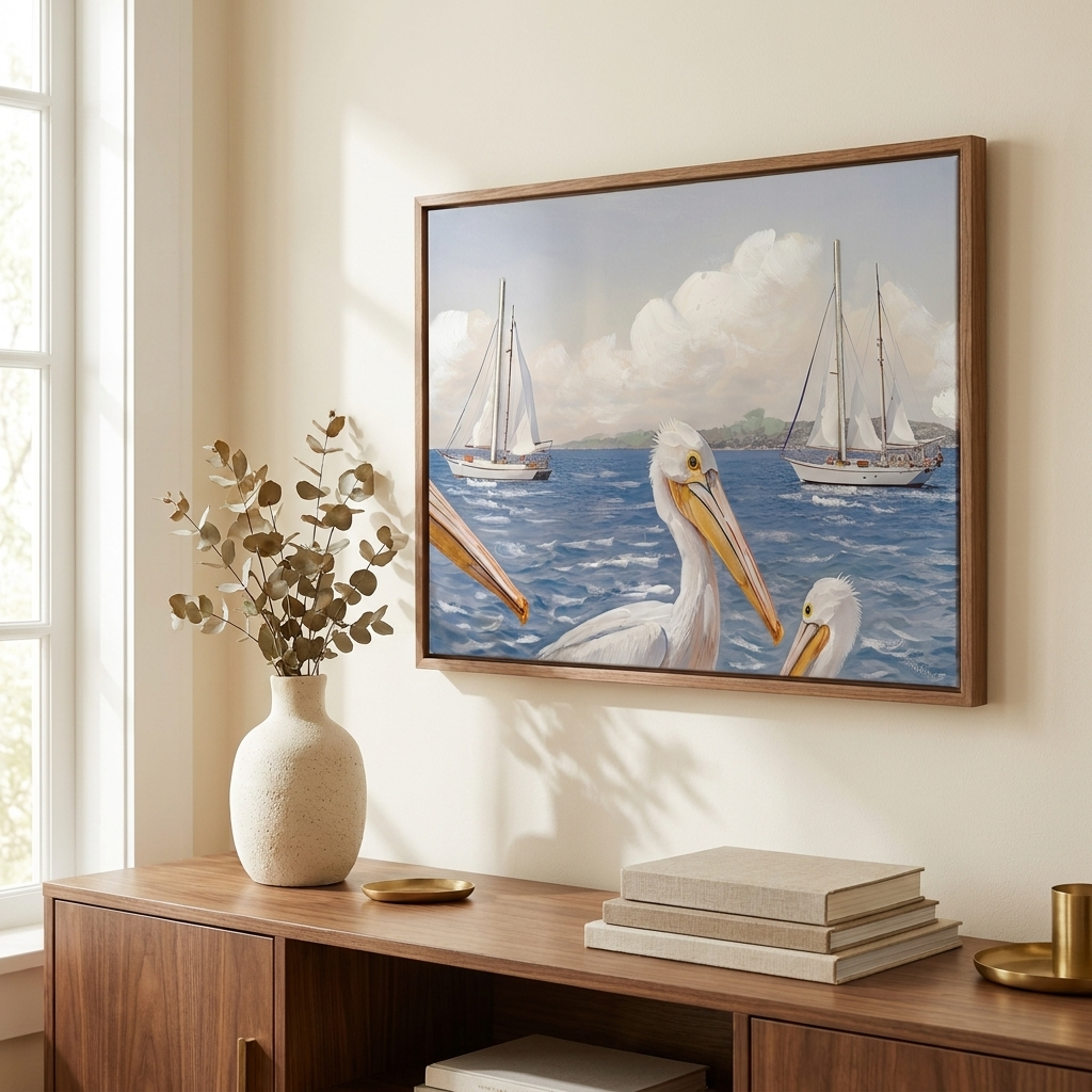 Coastal Beach Canvas Wall Art, Large Blue Ocean Seagull Print, Ivory and Navy, for Living Room styled in a room