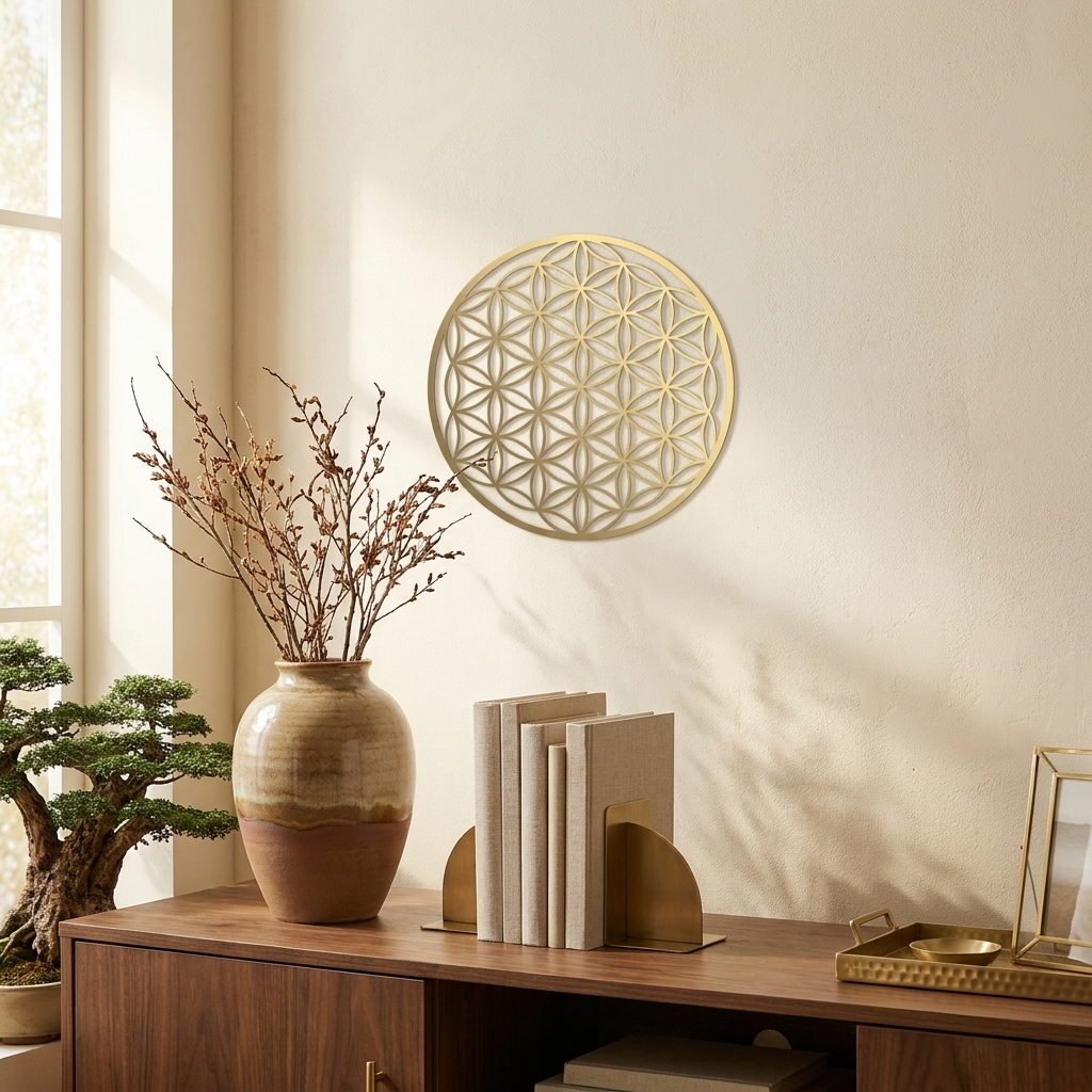 Boho Zen Lotus Metal Wall Art, Floral Hanging, Wrought Iron, for Living Room styled in a room