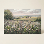 Vintage Framed Canvas Wall Art, Floral Meadow Landscape Print, Green and Ivory, for Living Room