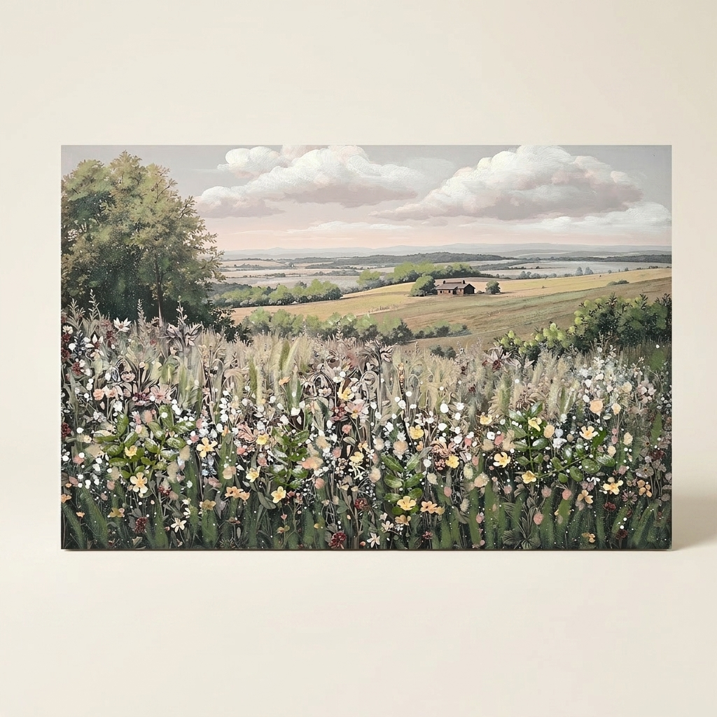 Vintage Framed Canvas Wall Art, Floral Meadow Landscape Print, Green and Ivory, for Living Room