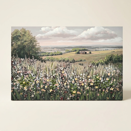 Vintage Framed Canvas Wall Art, Floral Meadow Landscape Print, Green and Ivory, for Living Room