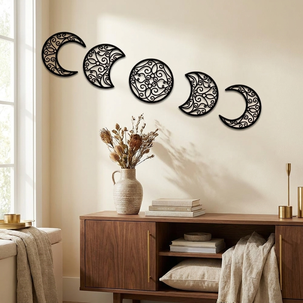 Wrought Iron Crescent Moon Wall Art, Metal Wall Decor, Set of 5, for Living Room styled in a room