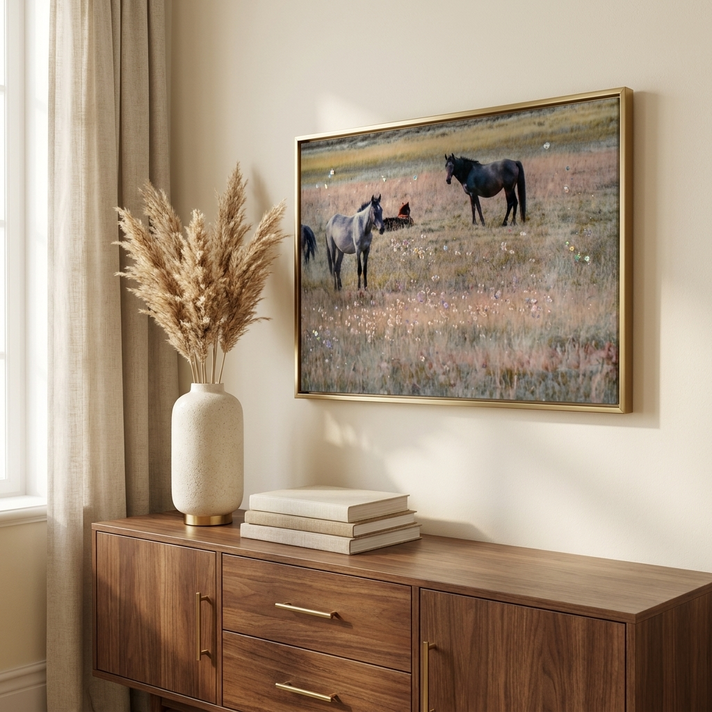 Farmhouse Horse Framed Wall Art, Country Western Wood Painting, Denim Brown, for Living Room styled in a room