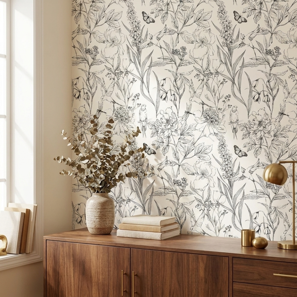 Peel and Stick Wallpaper, Plant and Flower Pattern, Vinyl Accent Wall Covering, for Bedroom styled in a room