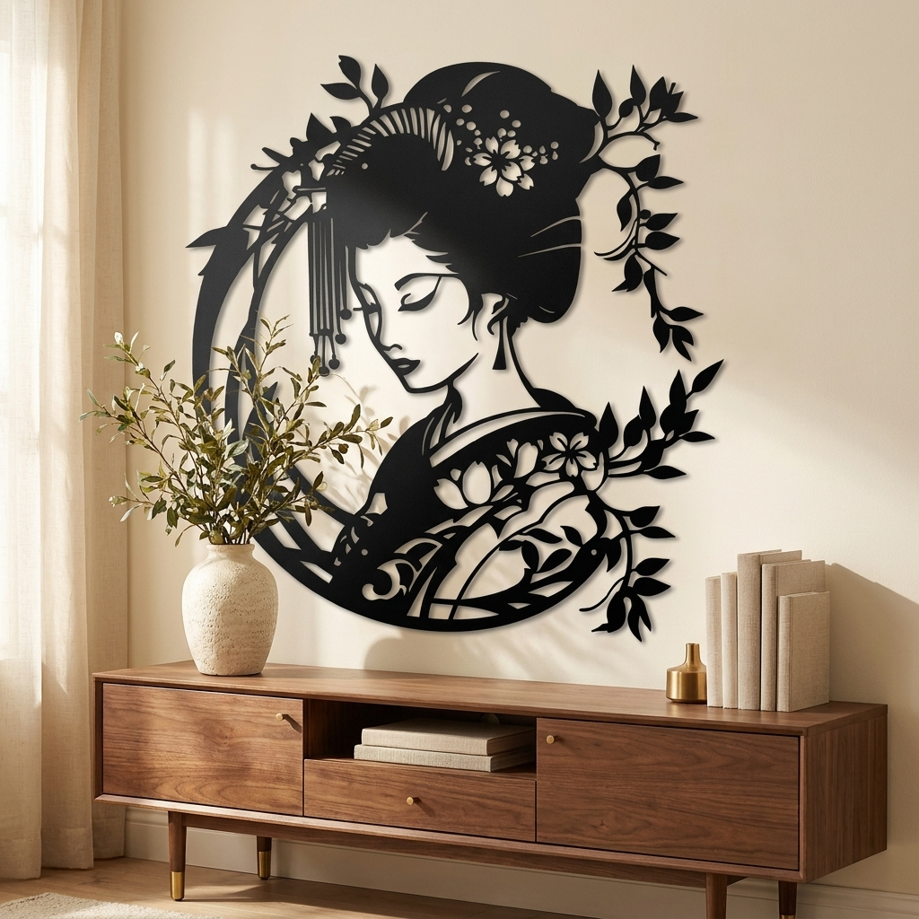 Vintage Japanese Zen Garden Iron Wall Art, Outdoor Metal Decor, for Patio styled in a room