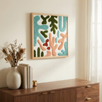 Organic Wood and Fabric Wall Art, Textured Decorative Accent, Multicolor, for Living Room styled in a room