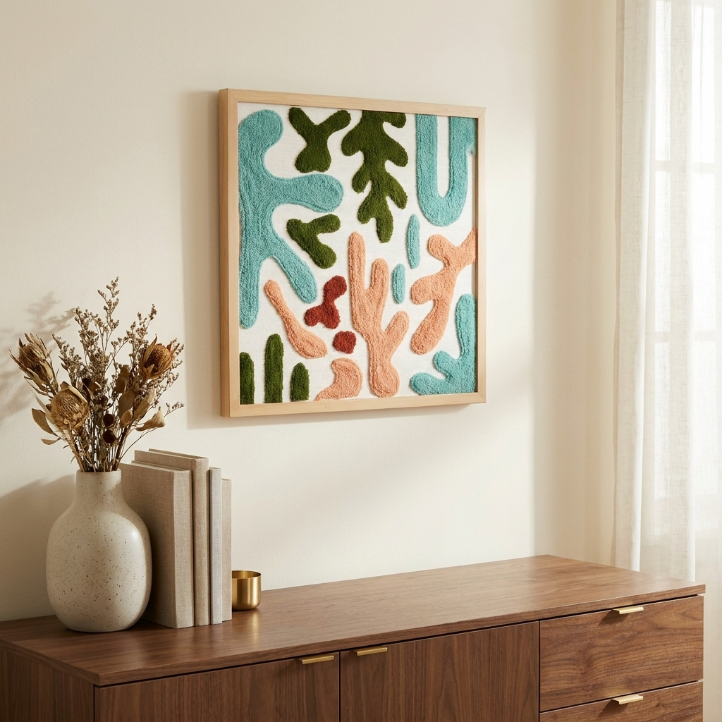Organic Wood and Fabric Wall Art, Textured Decorative Accent, Multicolor, for Living Room styled in a room
