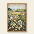 Vintage Framed Canvas Wall Art, Wildflower Meadow Landscape Print, Green and Ivory, for Dining Room