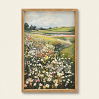 Vintage Framed Canvas Wall Art, Wildflower Meadow Landscape Print, Green and Ivory, for Dining Room