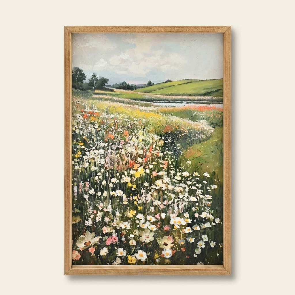 Vintage Framed Canvas Wall Art, Wildflower Meadow Landscape Print, Green and Ivory, for Dining Room