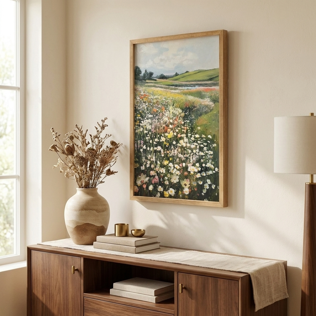 Vintage Framed Canvas Wall Art, Wildflower Meadow Landscape Print, Green and Ivory, for Dining Room styled in a room