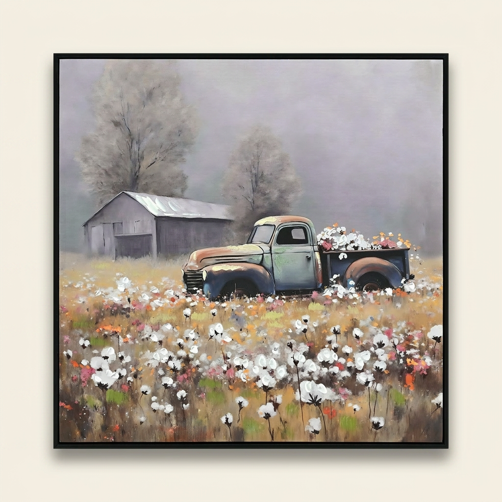 Farmhouse Vintage Truck Canvas Wall Art, Country Barn Print, White, for Living Room