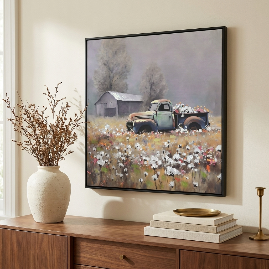 Farmhouse Vintage Truck Canvas Wall Art, Country Barn Print, White, for Living Room styled in a room