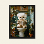 Framed Puppy Canvas Wall Art, Funny 3D Print, Indigo and White, for Bathroom