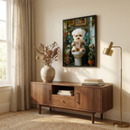 Framed Puppy Canvas Wall Art, Funny 3D Print, Indigo and White, for Bathroom styled in a room