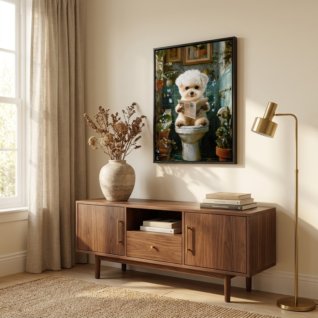 Framed Puppy Canvas Wall Art, Funny 3D Print, Indigo and White, for Bathroom styled in a room