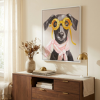 Contemporary Puppy Canvas Wall Art, Graphic Print, Pink and Black, for Living Room styled in a room
