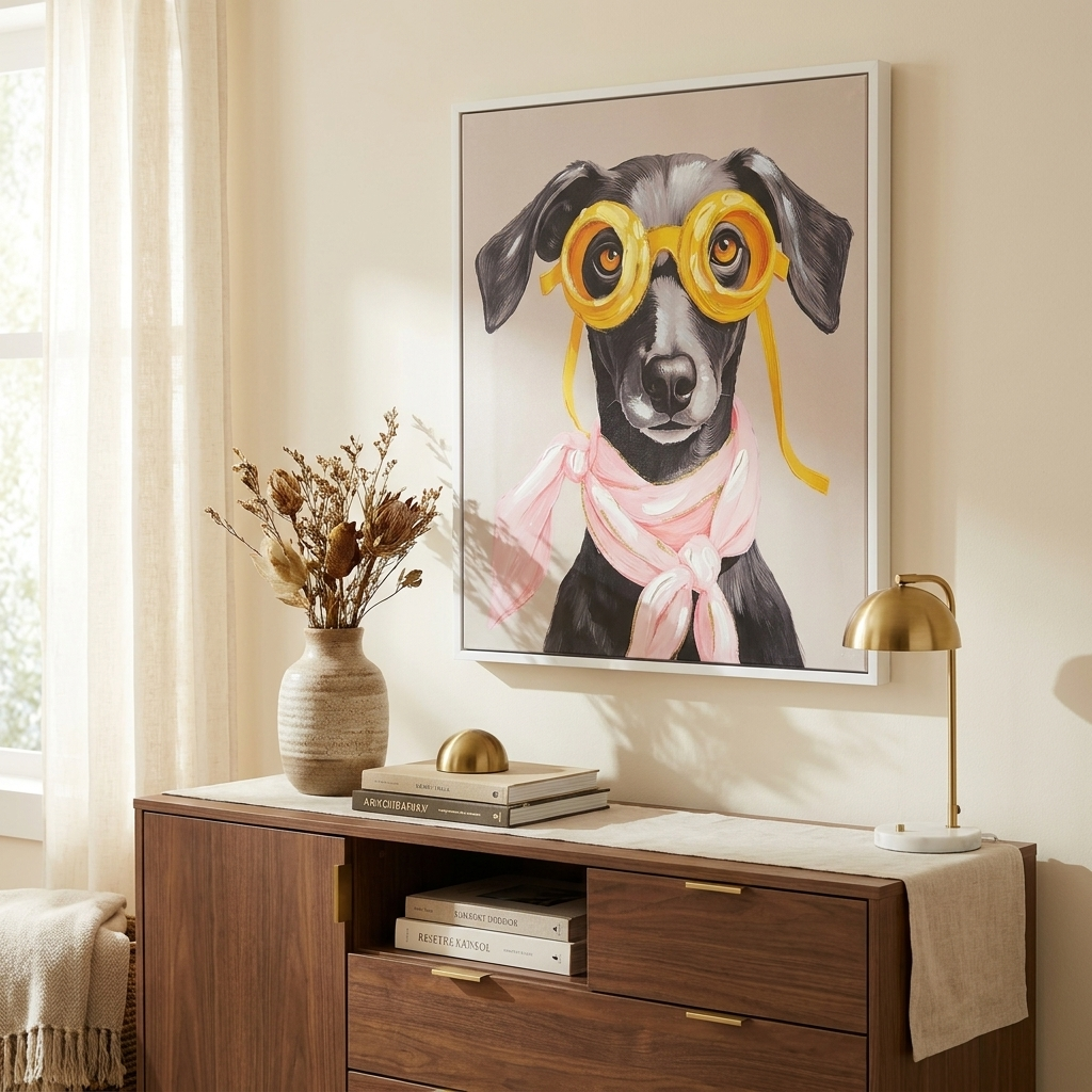Contemporary Puppy Canvas Wall Art, Graphic Print, Pink and Black, for Living Room styled in a room