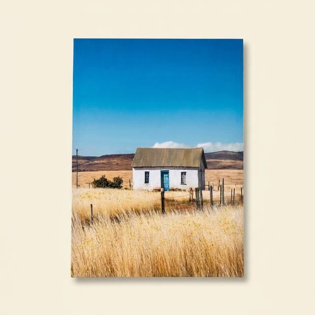 Farmhouse Framed Canvas Wall Art, White House Countryside Print, Natural and Blue, for Living Room
