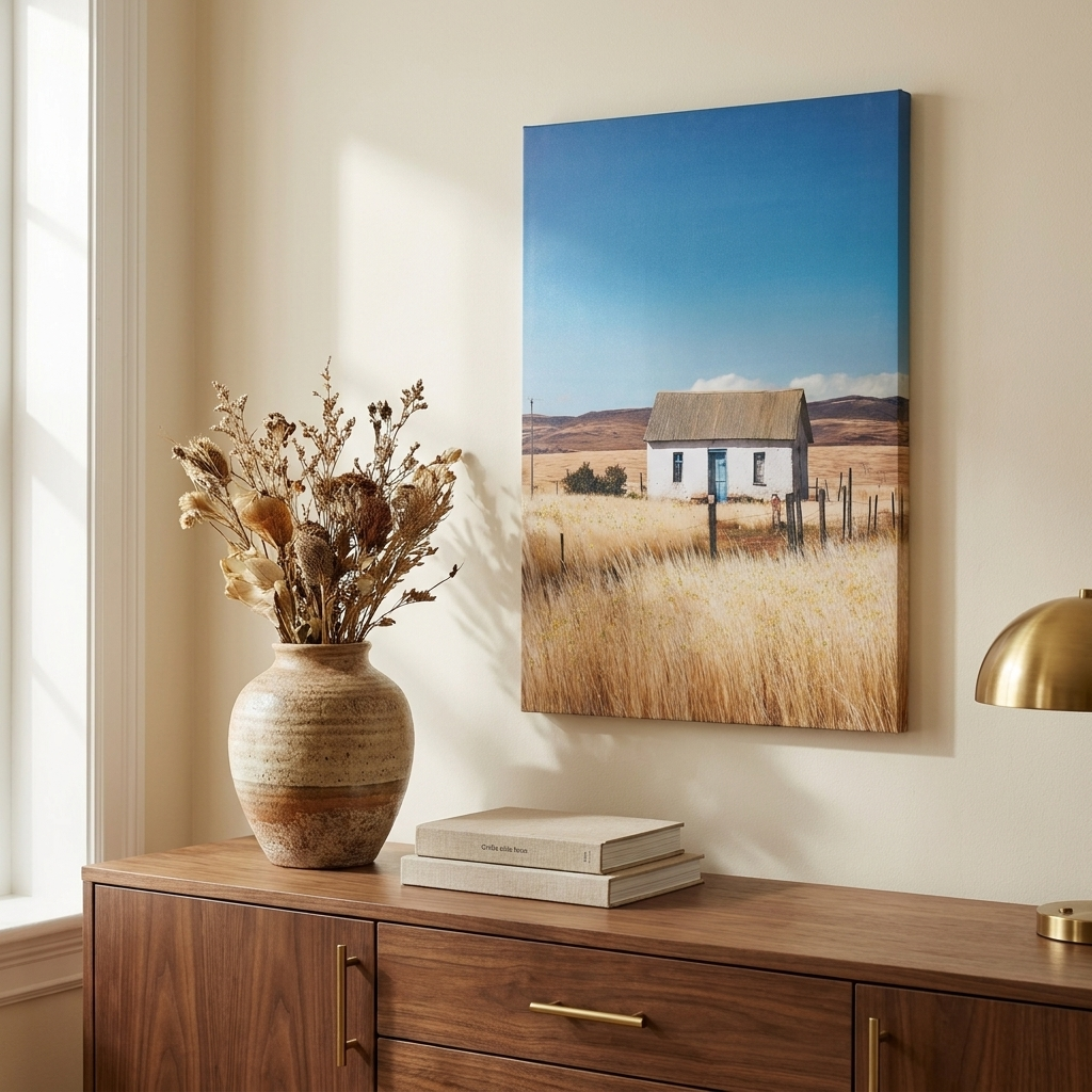Farmhouse Framed Canvas Wall Art, White House Countryside Print, Natural and Blue, for Living Room styled in a room