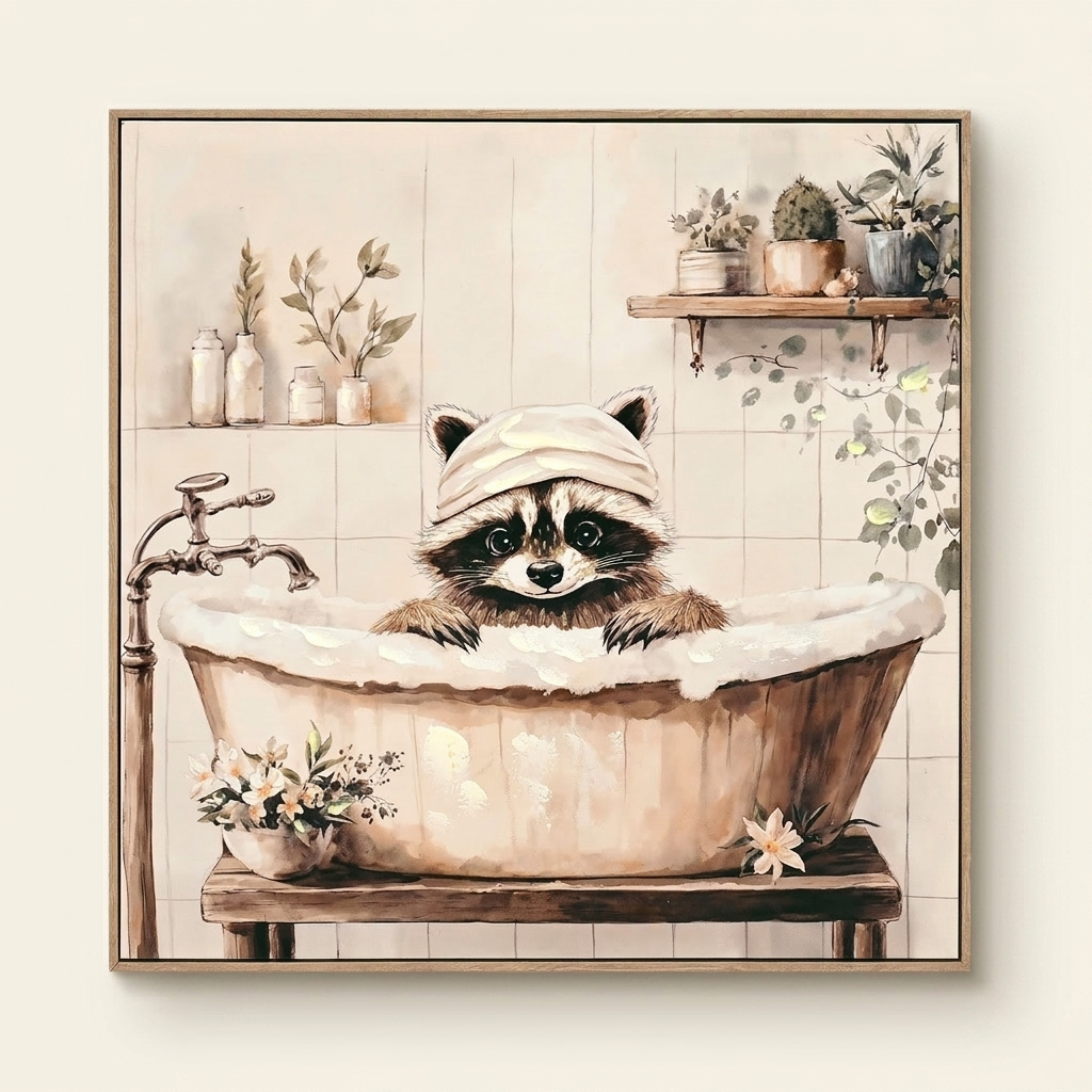 Funny Raccoon Canvas Wall Art, Raccoon in Bathtub Print, Black and White, for Bathroom