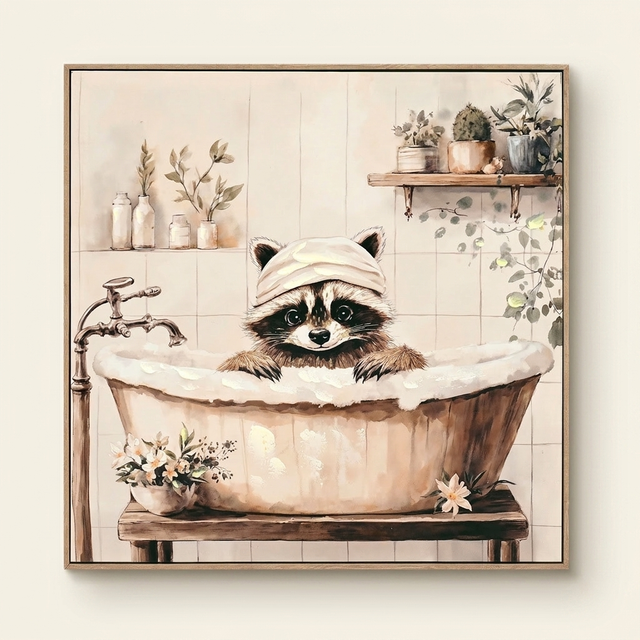 Funny Raccoon Canvas Wall Art, Raccoon in Bathtub Print, Black and White, for Bathroom