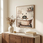 Funny Raccoon Canvas Wall Art, Raccoon in Bathtub Print, Black and White, for Bathroom styled in a room