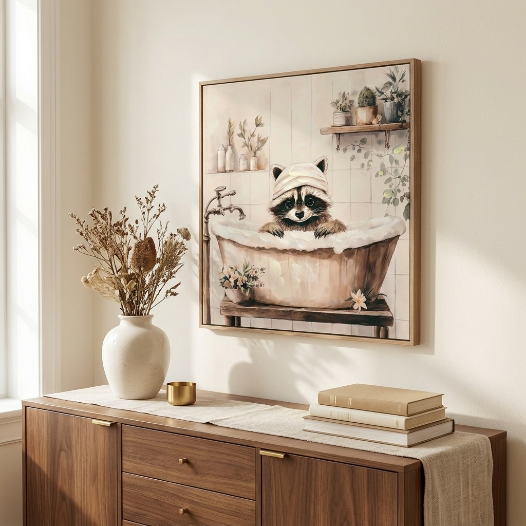 Funny Raccoon Canvas Wall Art, Raccoon in Bathtub Print, Black and White, for Bathroom styled in a room