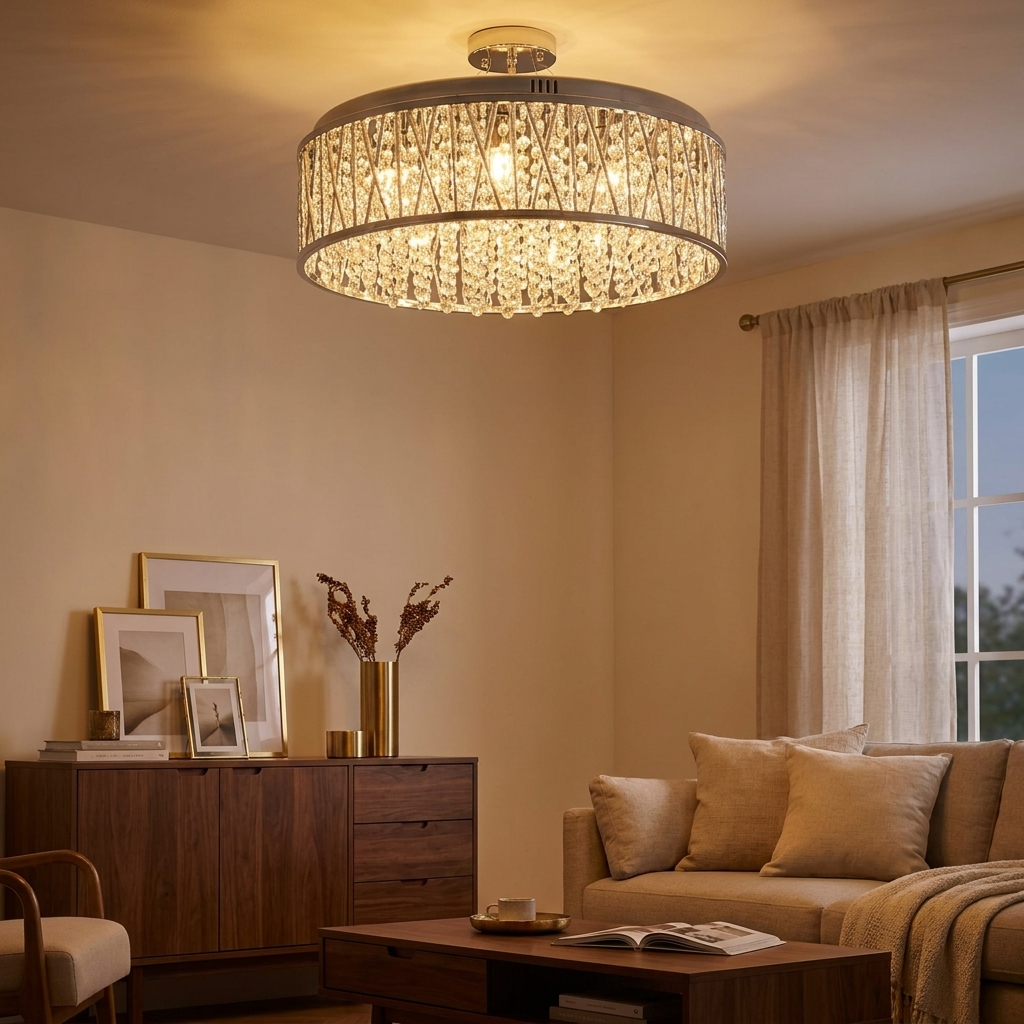 Silver Clear Crystal Chandelier, Aluminum & Iron Round Ceiling Light, 19 in. styled in a room
