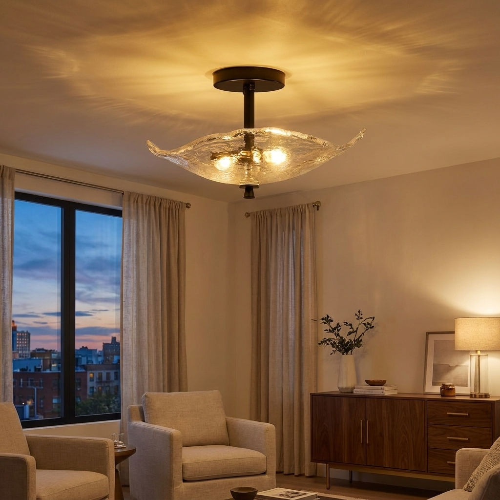 Gold Flower & Lotus Leaf Flush Mount Ceiling Light, Crystal-Style Glass Fixture styled in a room