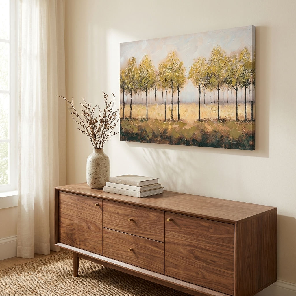 Framed Canvas Wall Art, Autumn Forest Abstract Tree Print, Tan Leaves, for Living Room styled in a room
