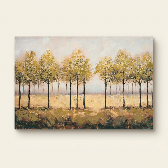 Framed Canvas Wall Art, Autumn Forest Abstract Tree Print, Tan Leaves, for Living Room
