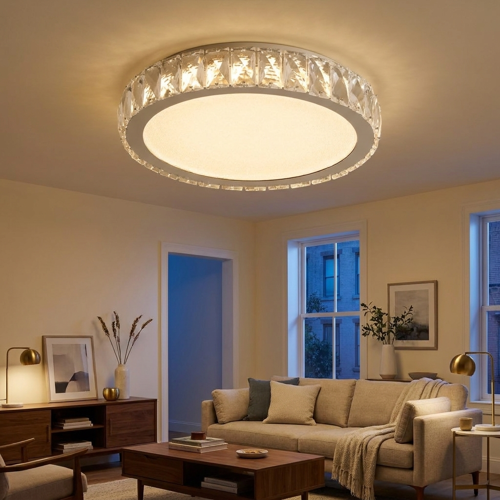 K9 Crystal LED Flush Mount Ceiling Light, 3 Color Temperatures styled in a room