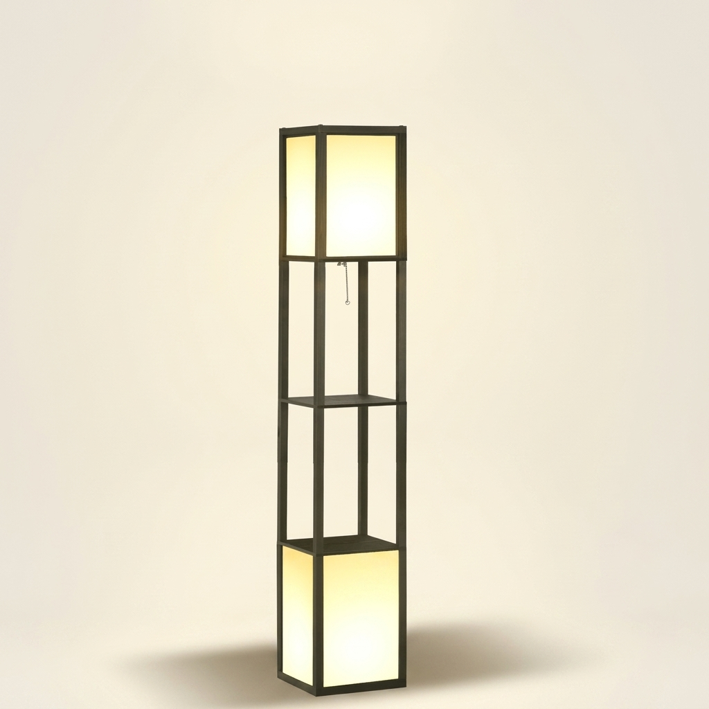 Modern Shelf Floor Lamp, Dual Ambient Light, Built-In Storage, Black Finish
