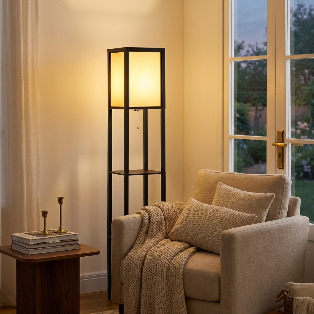Modern Shelf Floor Lamp, Dual Ambient Light, Built-In Storage, Black Finish styled in a room